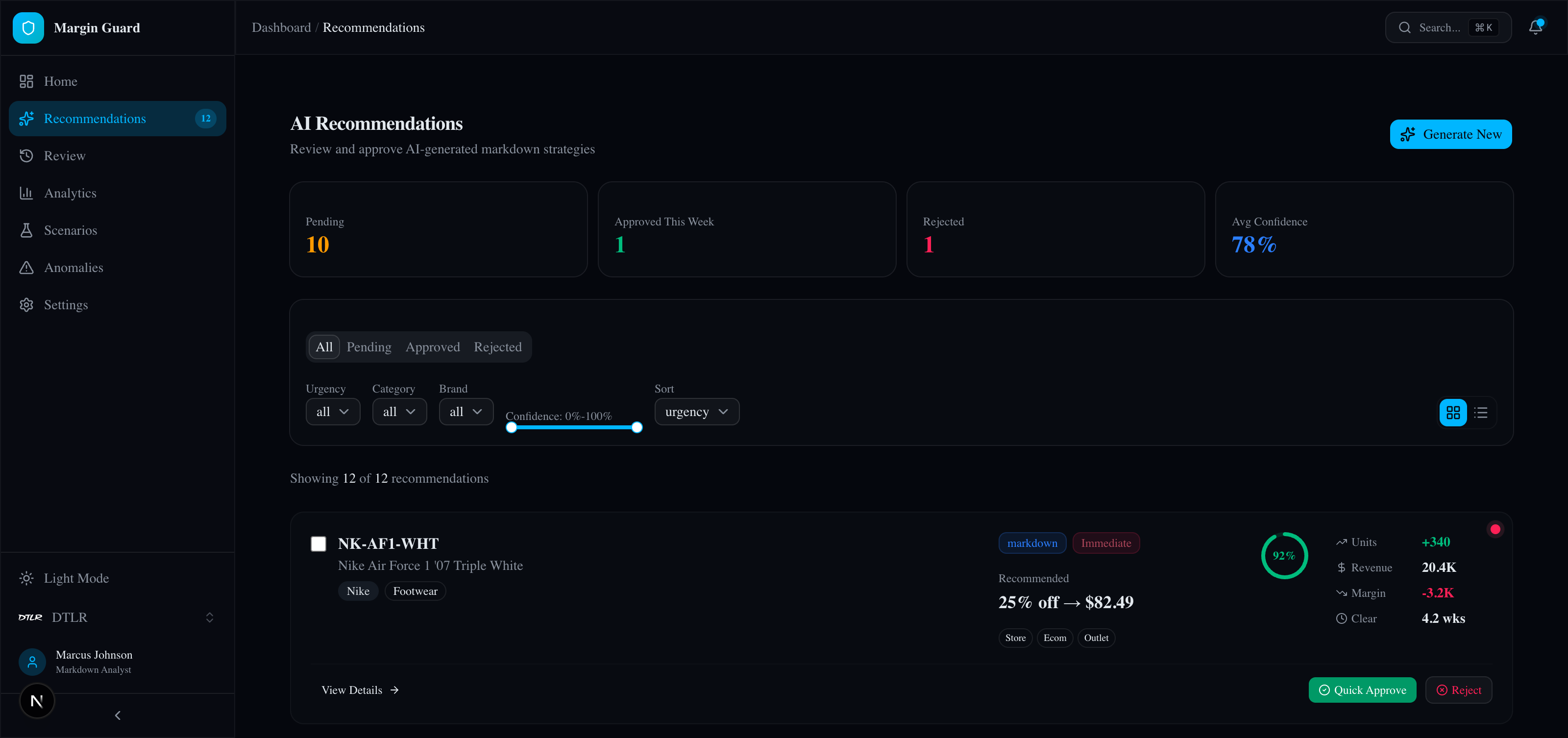 <strong>AI Recommendations:</strong> Each rec shows action type (markdown / hold / promote / clearance / RTV), confidence score, recommended depth, projected units lift, projected revenue and margin impact, weeks to clear. One-click approve / reject.